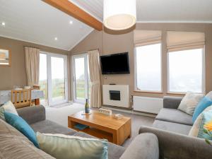 a living room with two couches and a tv at Ysgo Lodge in Pwllheli