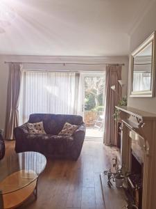 a living room with a couch and a fireplace at Charming apartment with big terrace in Sandymount in Dublin