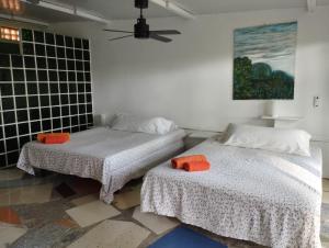 カディスにある4 Habitaciónes King con vistas al Jardínのベッド2台が備わる客室で、壁には絵画が飾られています。