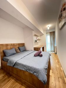 a bedroom with a large bed with blue pillows at 2 rooms apartment Airy & Bright Chic in Iaşi