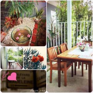 a collage of photos with a table and chairs and plants at Mo Do Ong in Ubon Ratchathani