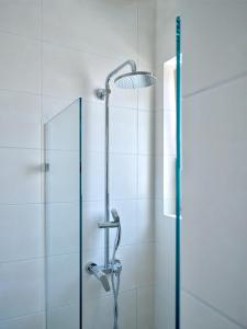 a shower with a glass door and a shower head at Villa Maria - Naoussa Boats Blue & Sandy Suite in Naousa