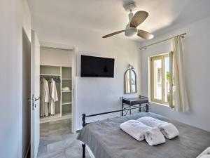 a bedroom with a bed and a ceiling fan at Villa Maria - Naoussa Fishes Blue & Grey Suite in Naousa