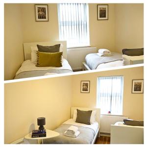 2 Bilder eines Schlafzimmers mit einem Bett und einem Fenster in der Unterkunft Heathrow Ensuite Rooms in Stanwell