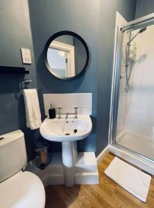 a bathroom with a sink and a toilet and a mirror at Central studio flat with parking permit in Bath