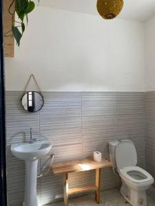 bagno con lavandino, servizi igienici e specchio di Apartamento Rua Direita a Salvador