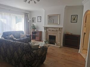 - un salon avec un canapé et une cheminée dans l'établissement Charming apartment with big terrace in Sandymount, à Dublin
