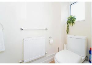 a white bathroom with a toilet and a window at Charming Uxbridge 3BR Home with Parking in Uxbridge +11 photos
