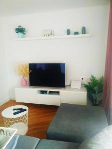 a living room with a tv on a white entertainment center at EL DESCANSO DE CARBAYEDO in Avilés