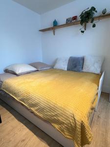 a bed with a yellow blanket on it in a room at Studio La Petite Montagne in Quimper