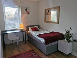 1 dormitorio con cama, escritorio y silla en Charming apartment with big terrace in Sandymount, en Dublín