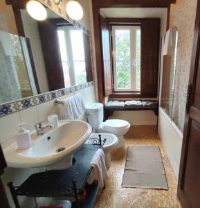 a bathroom with a sink and a toilet and a mirror at Casas da Biquinha in Sintra +37 photos