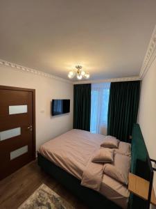 um quarto com uma cama grande e uma janela em LNB ApartHotel Traian em Constança