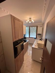 uma cozinha com um lavatório e um fogão em LNB ApartHotel Traian em Constança