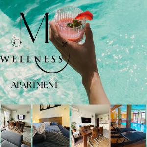 a collage of photos with a hand holding a bowl of food at Marcello Wellness Apartment in Siófok