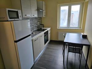 a kitchen with a refrigerator and a table with a microwave at Right Choice Studio in Antwerp