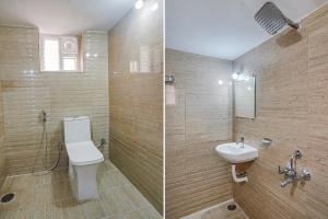 two pictures of a bathroom with a toilet and a sink at FabHotel Perams Grand Inn in Kondapur