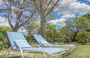 Villa impressionniste * Jardin* Clim * Piscine * في Les Matelles: كرسيان زرقان يجلسون في العشب بالقرب من شجرة