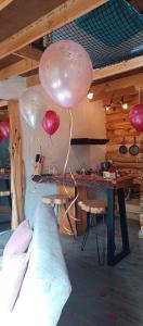 two balloons are hanging from the ceiling of a room at Cabaña en la calera el Pinar in La Calera