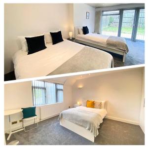 two pictures of a bedroom with two beds and a room with a bed sqor at Airport Comfy Stay in Harmondsworth