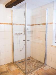 um chuveiro com portas de vidro na casa de banho em Ferienhof Verse Ferienwohnung Waldblick em Lennestadt