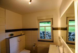 a bathroom with a toilet and a window at Ferienhof Verse Ferienwohnung Kornkammer in Lennestadt