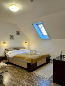 a bedroom with a large bed with a skylight at Cetatuia in Râşnov