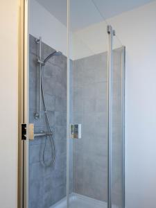 ein Bad mit einer Dusche und einer Glastür in der Unterkunft Gästehaus Nikolai in Erfurt