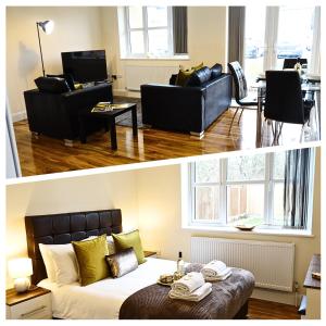 two pictures of a living room with a bed and a couch at Lux 2 Bedroom 2 Bathroom APT at HEATHROW AIRPORT- free parking- Near The terminals-Easy access to Central London- Family Friendly in Stanwell