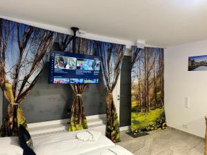 a bedroom with two windows with curtains and a flat screen tv at Ferienwohnung in Center of Hamburg-Barmbek-Airport-1 in Hamburg