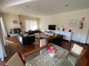 een woonkamer met meubilair en een open haard bij Casa de Pichoses in Geres