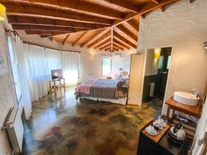 1 dormitorio con 1 cama y lavamanos en una habitación en Posada Alma del Arroyo & Spa en Villa General Belgrano