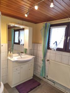y baño con lavabo y espejo. en Schönes Ferienhaus in Filsen, en Filsen