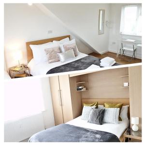 two pictures of a bedroom with a bed at Great Airport Sleep in Harmondsworth