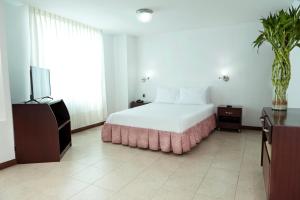 ein Hotelzimmer mit einem Bett und einem TV in der Unterkunft Hotel Plaza Las Américas Cali in Cali