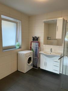 a laundry room with a washing machine and a sink at Appartement Emat 13 in Telfs