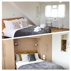 two pictures of a bedroom with two beds at The great airport place-private bedrooms with private bathroom-1 Bus to Heathrow Airport-5 minutes by car- Helpful advice from our team in Harmondsworth