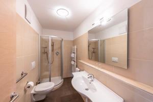 a bathroom with a toilet and a shower and a sink at Der Blaue Reiter in Schenna +39 photos