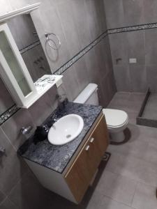 Un baño con lavabo, inodoro y espejo. en Los Manzanares, monoambiente, en Veintiocho de Noviembre
