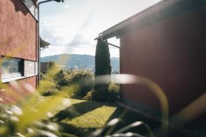 a view from a window of a building with a tree at Stilvolles Chalet mit hauseigener Sauna & Whirlwanne in Viechtach