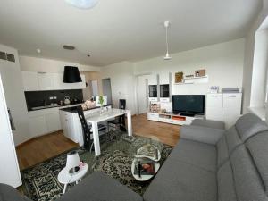 uma sala de estar com um sofá cinzento e uma cozinha em Trojizbový byt vzdialený 800 m od X bionic Shere s dvoma kúpeľňami em Šamorín