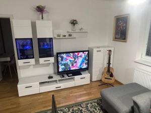 uma sala de estar com uma televisão de ecrã plano e uma guitarra em Trojizbový byt vzdialený 800 m od X bionic Shere s dvoma kúpeľňami em Šamorín