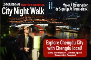 a poster for a city night walk with people standing around at Chengdu Flipflop Hostel Poshpacker (Chunxi Road Metro Station) in Chengdu