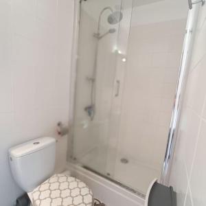 uma casa de banho branca com um chuveiro e um WC. em Appartement 1 chambre et 1 canapé-lit em Lorgues