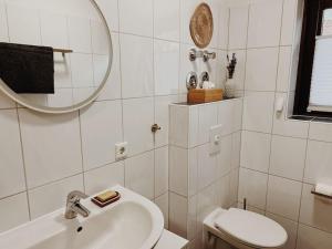 a bathroom with a sink and a toilet and a mirror at Ruhige Wohnung mit Terrasse in Telgte
