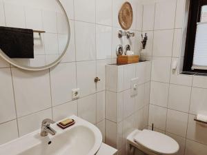 ein Badezimmer mit einem Waschbecken, einem WC und einem Spiegel in der Unterkunft Ruhige Wohnung mit Terrasse in Telgte