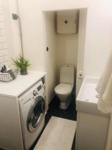 a small bathroom with a toilet and a washing machine at Charming apartment in Töölö with Nordic design in Helsinki