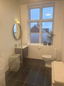 een badkamer met een toilet, een wastafel en een spiegel bij Den lille Skole - Ferie på Ærø i Marstal by - Værelser in Marstal