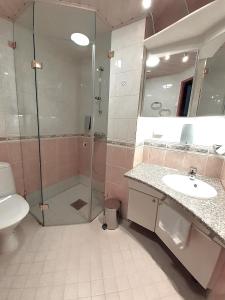 uma casa de banho com um chuveiro, um lavatório e um WC. em Power Park Accommodation em Härmä