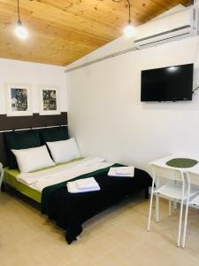 a bedroom with a bed and a table and a tv at Vespasian 25 in Bucharest